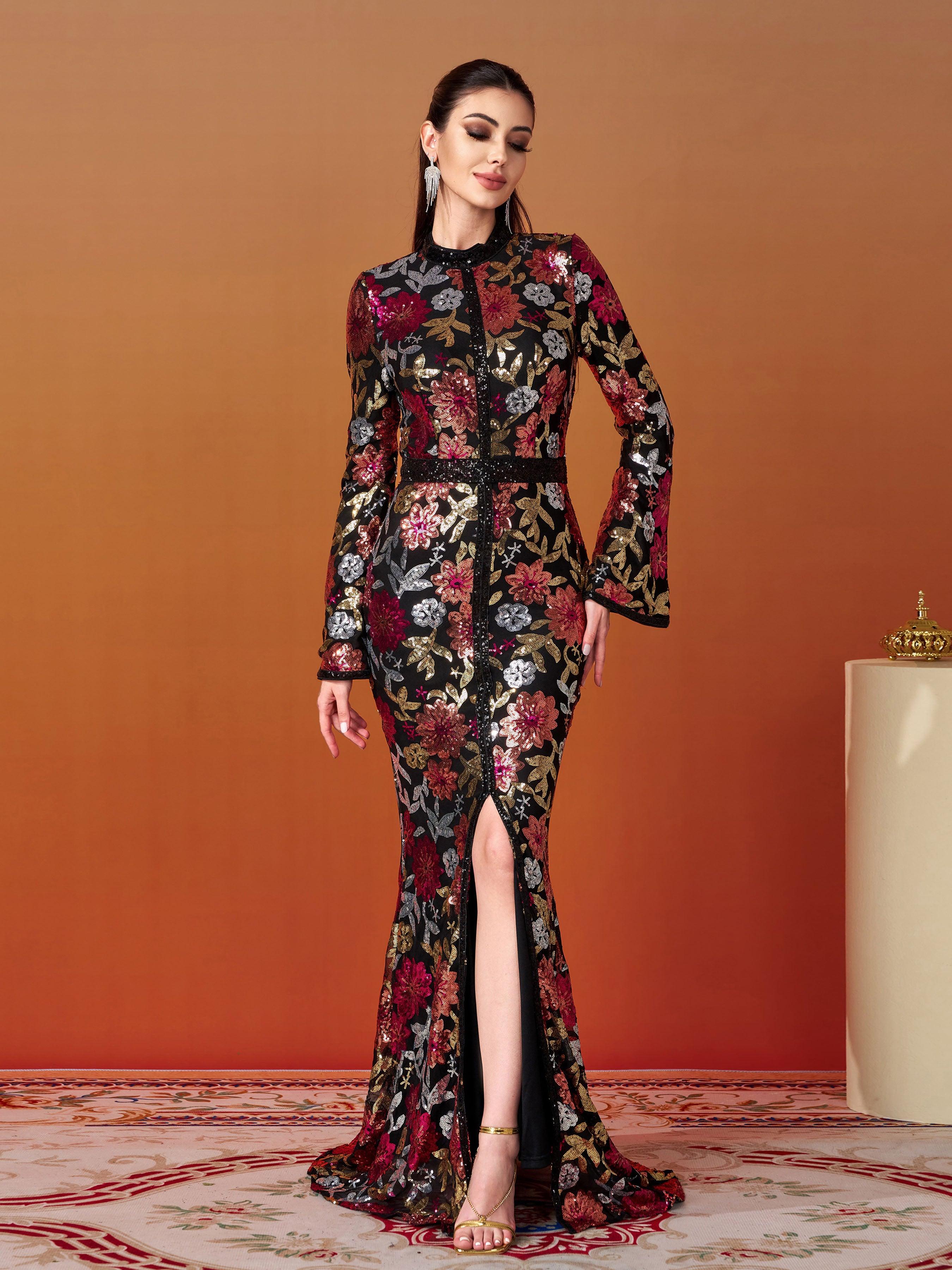 Vintage Floral Sequin Split Formal Dress GM00387 - MISS ORD