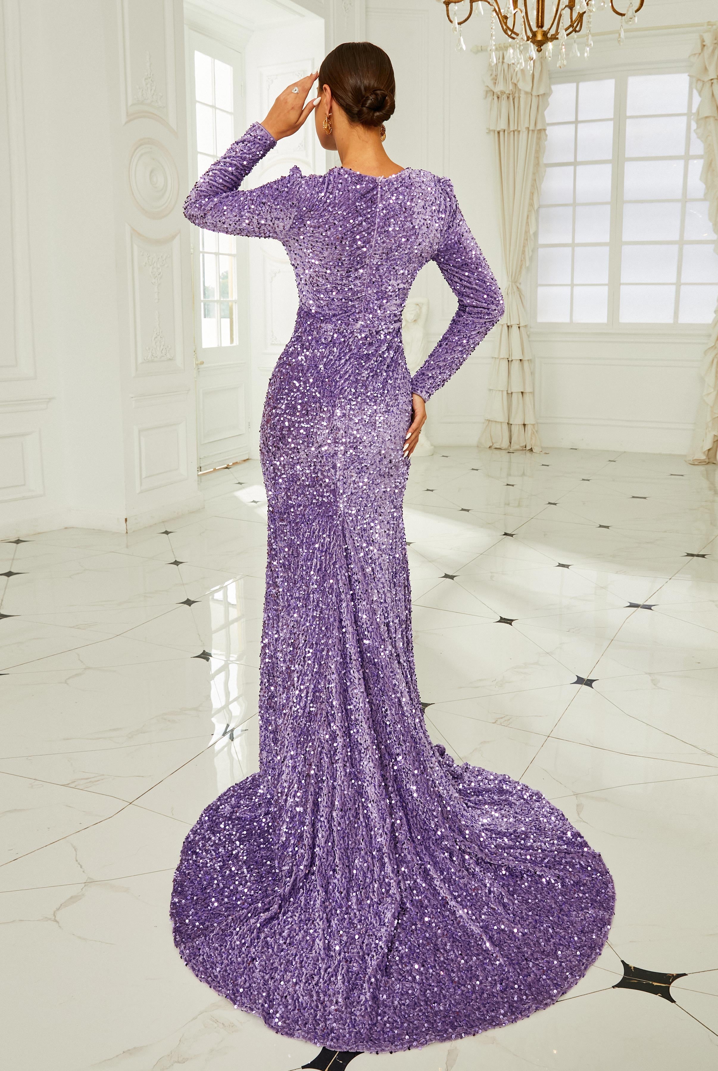 Sexy Cutout Sequin Purple Mermaid Evening Dress RJ10552