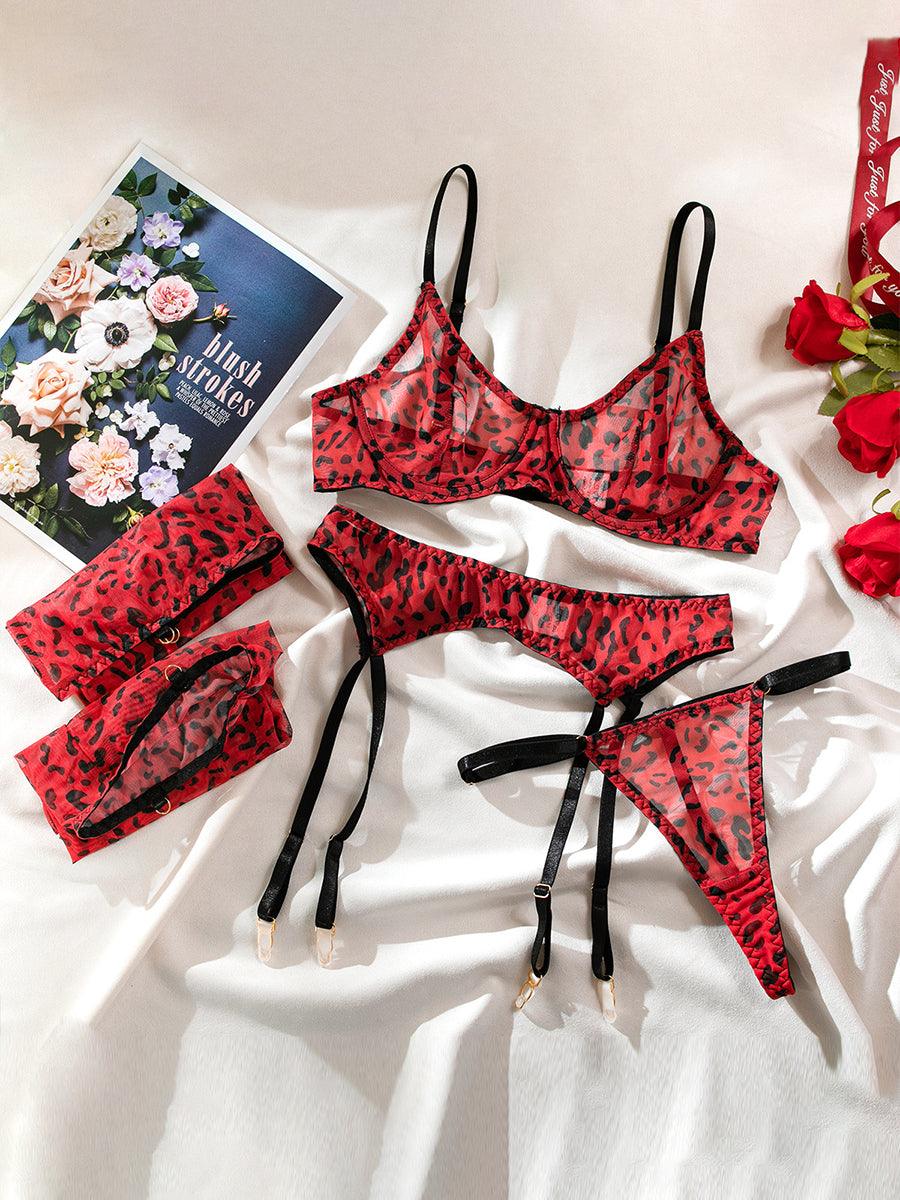 Missord Mesh Leopard Print See-Through Sexy Lingerie 4 Piece Set MSL028 Online Sale MISS ORD Missord Mesh Leopard Print See-Through Sexy Lingerie 4 Piece Set MSL028 Online Sale MISS ORD