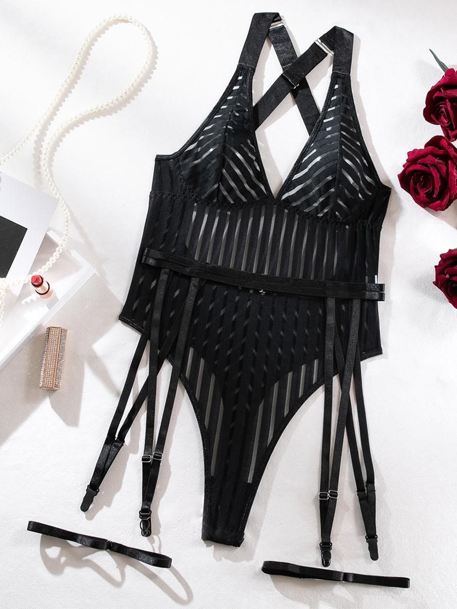 Sexy Striped Cross Strap Black Teddy MSL036 - MISS ORD