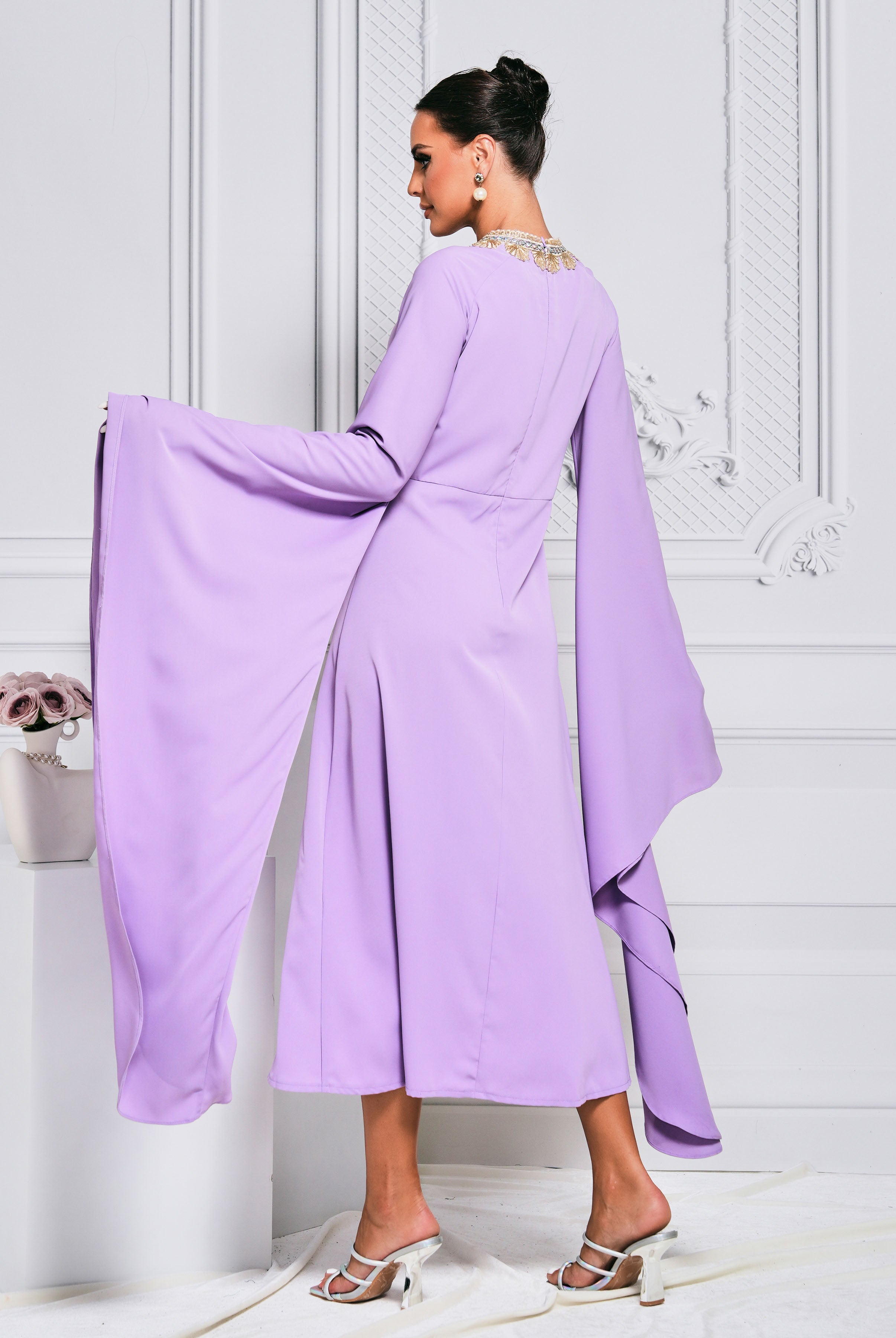 Bell Sleeve A-line Purple Midi Dress