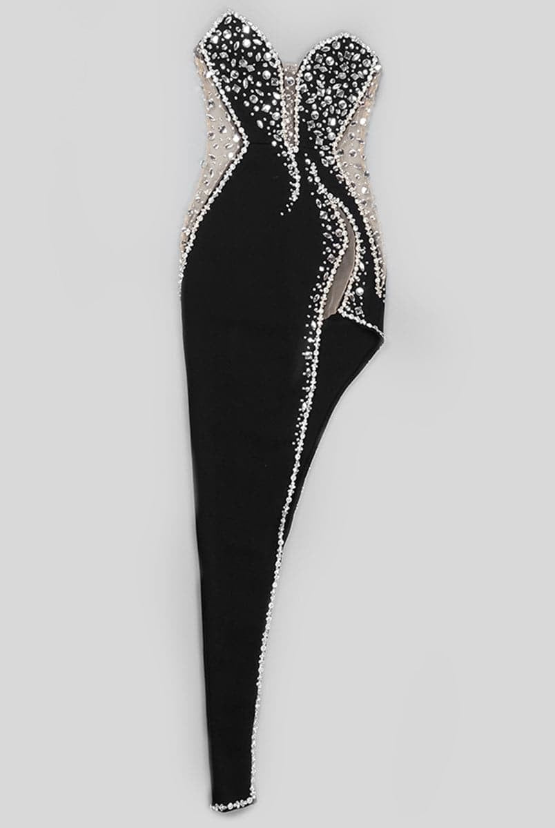 Formal Strapless High Slit Velvet Black Evening Dress M02322
