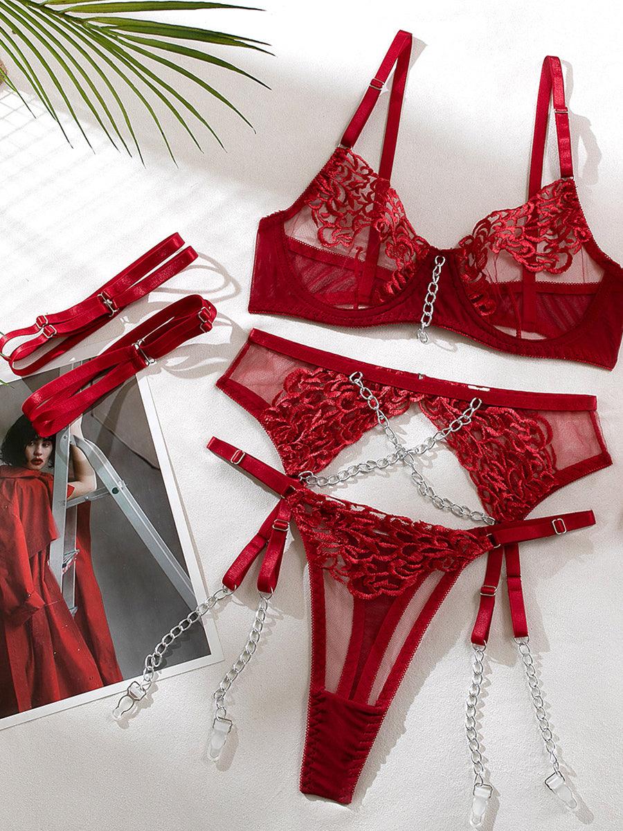 Metal Chain Embroidered Sexy Lingerie 4 Piece Set MSL034 - MISS ORD