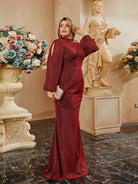 Plus Size Stand Collar CutOut Mermaid Pleated Long Sleeve Evening Dress