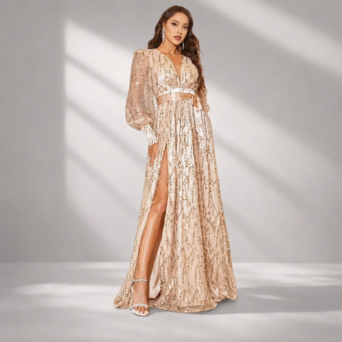 Sweetheart Lantern Sleeve Sequin Tulle Evening Dress RA60074