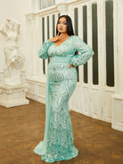 Plus Size Draping V-Neck Sage Green Sequin Evening Dress PXJ1524