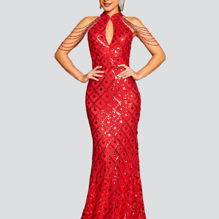 Stand Collar Sequin Red Mermaid Evening Dress RJ11321