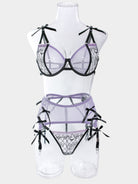 Embroidered Mesh Patchwork Bow Sexy Lingerie Three-piece Set MSL043