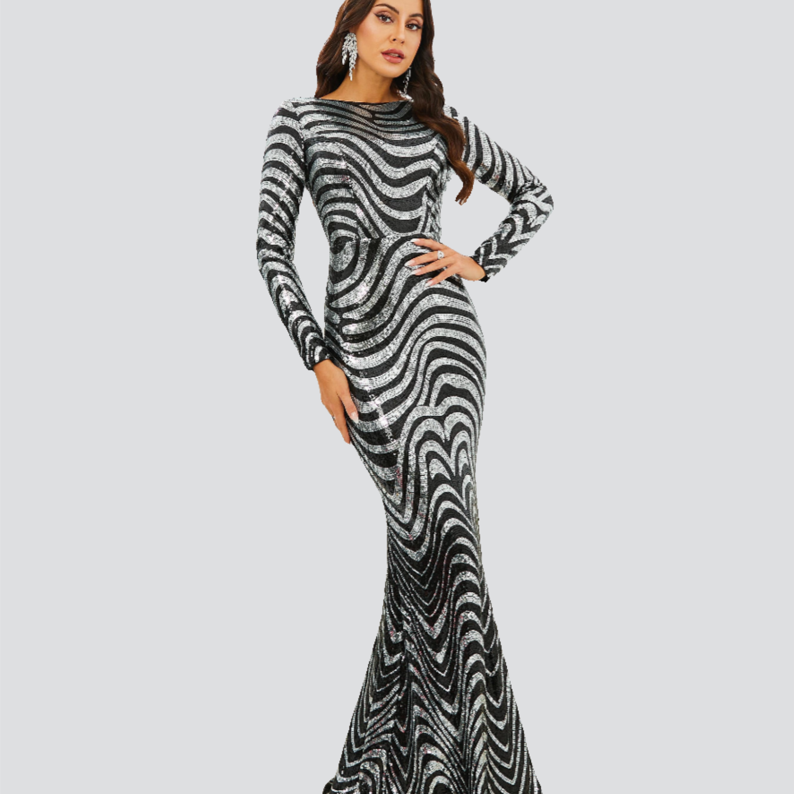 Long Sleeve Stripe Sequin Mermaid Dress RJ10773