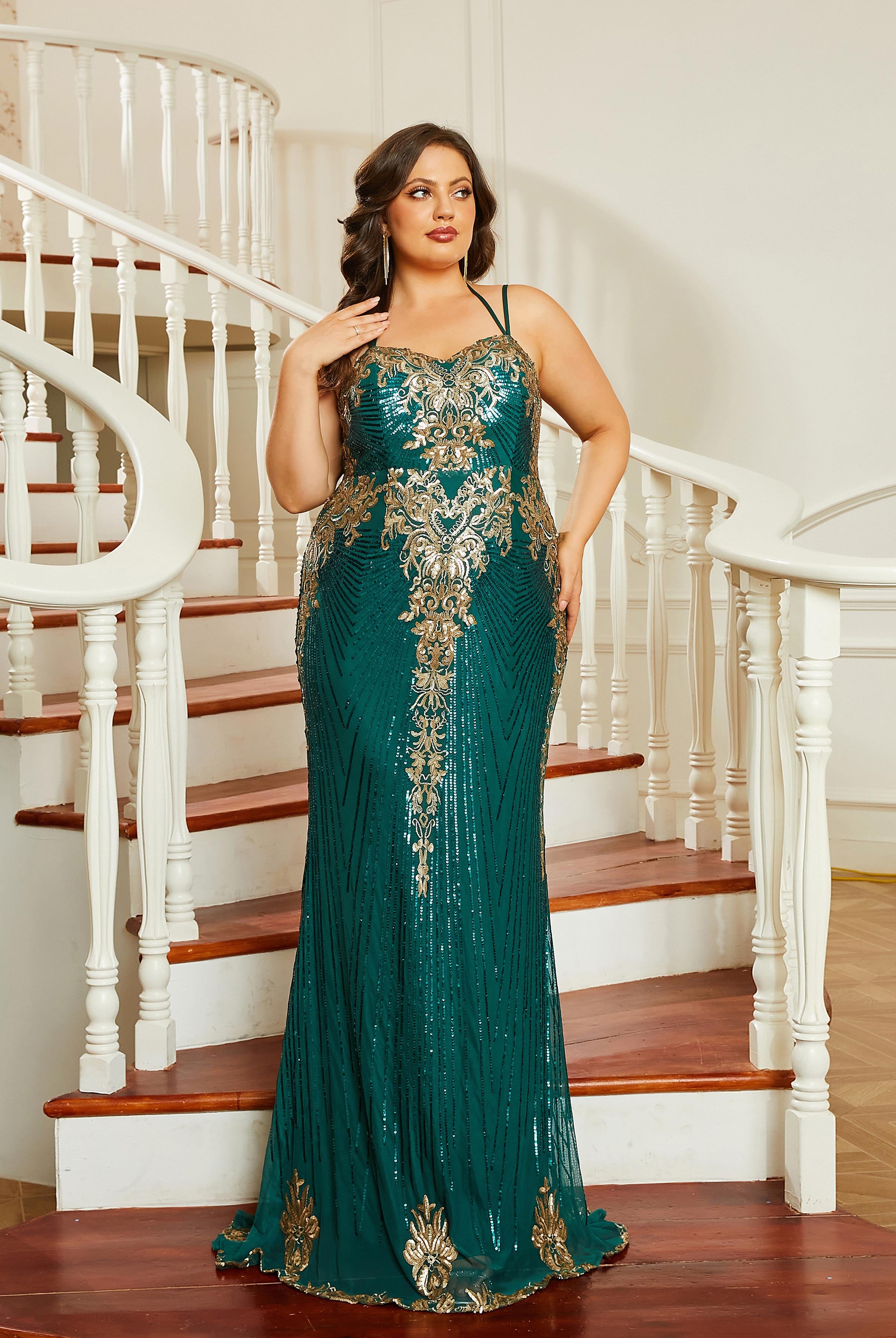 MISSORD Plus Size Spaghetti Straps Lace Up Green Sequin Formal Dress
