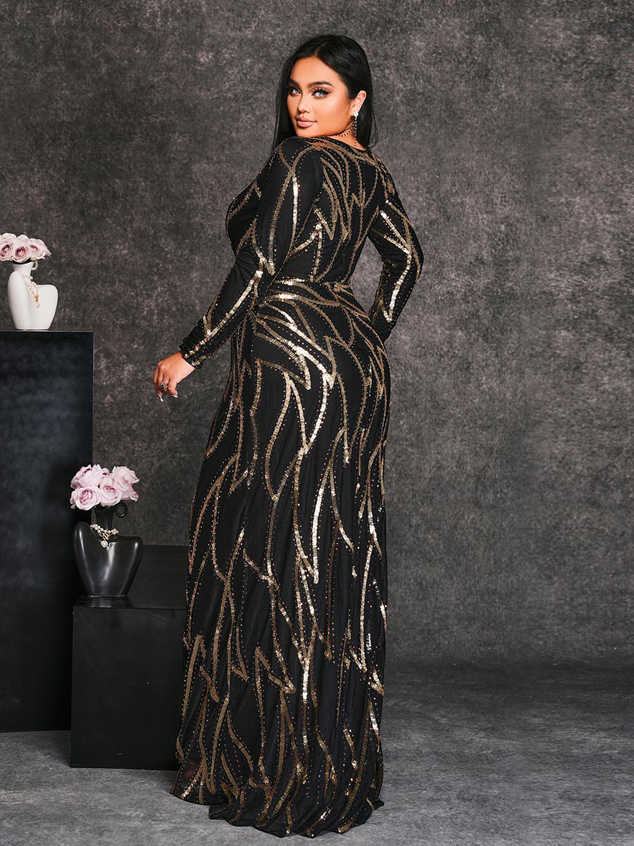 A-Line Long Sleeve Sequin Black Dress XJ1962 - MISS ORD