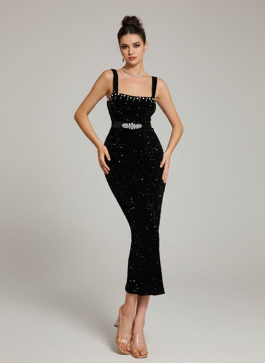 Black Sequin Beads Sheath Cocktail Dress SL30179