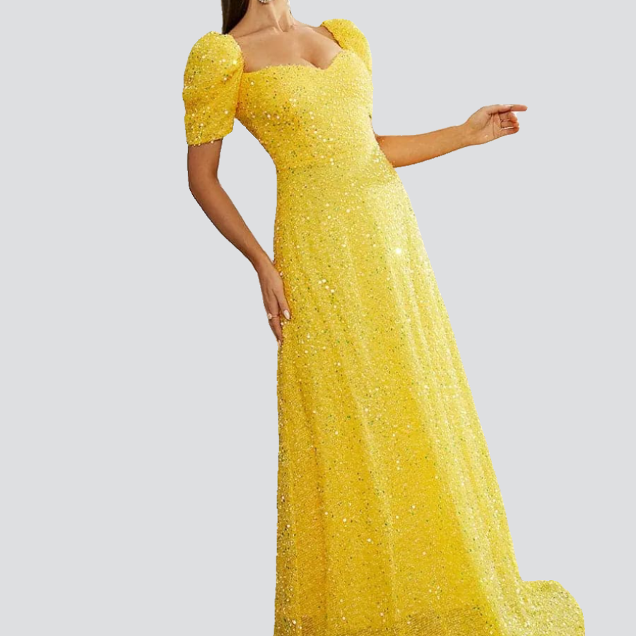 Light Yellow Floor Length Puff Sleeve Sequin Dress