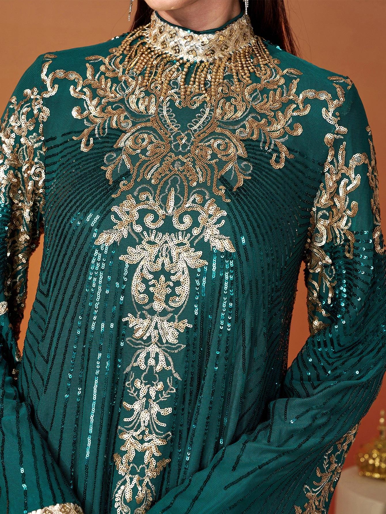 Stand Collar Bell Sleeve Sequin Dress MES00344 - MISS ORD