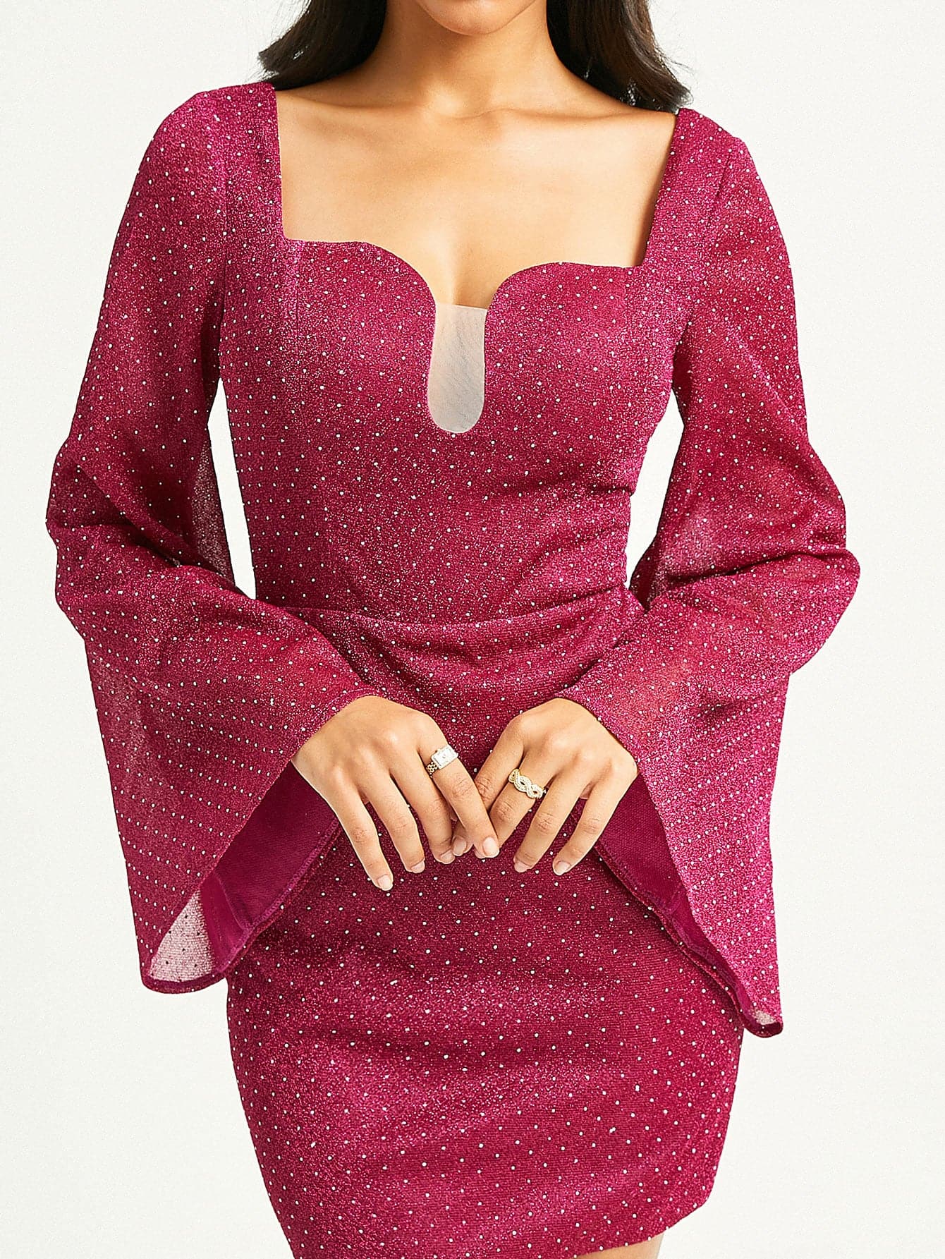 Bell Sleeves Glitter Rosered Bodycon Party Dress RHP45