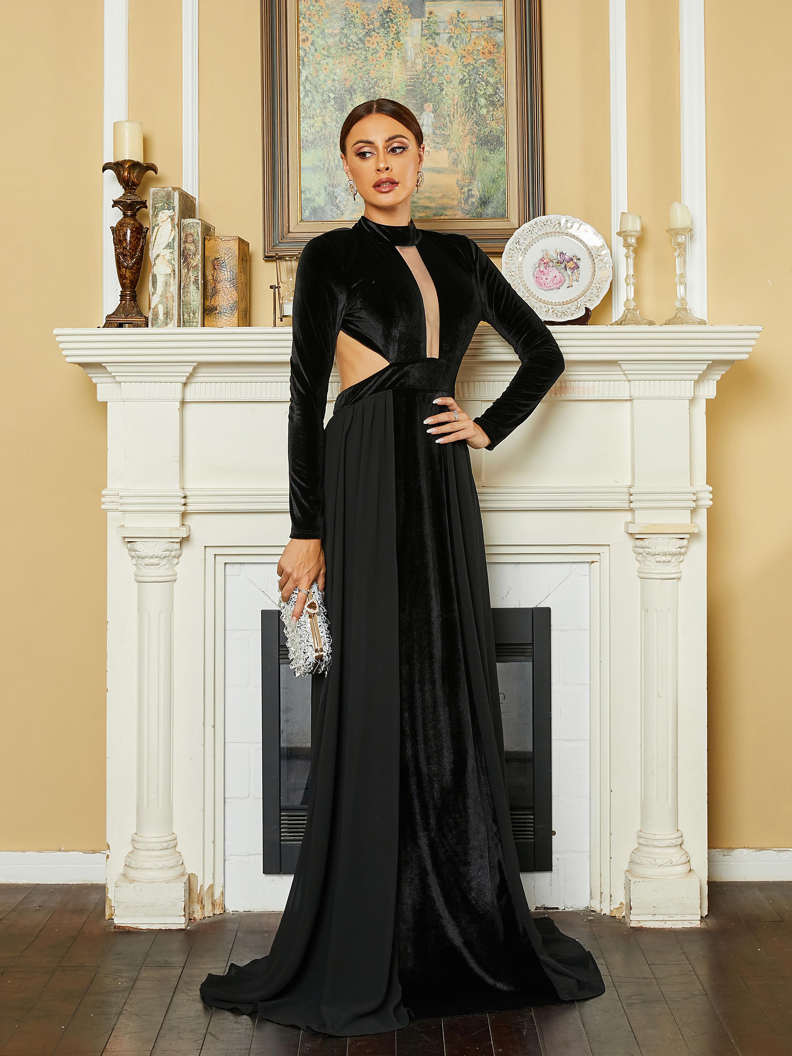 MISSORD Cutout Backless Paneled Velvet Black Evening Dress