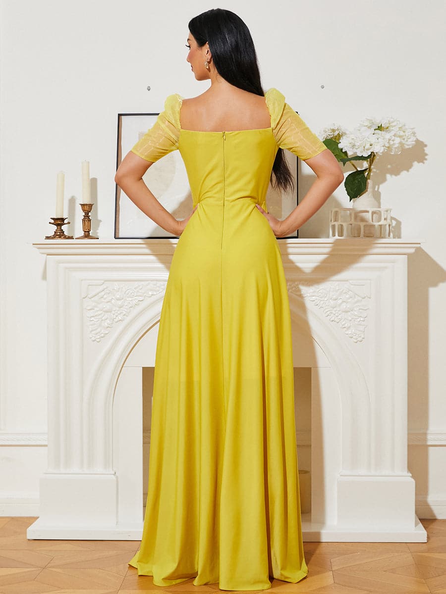 A-Line Square Neck Maxi Yellow Evening Dress 