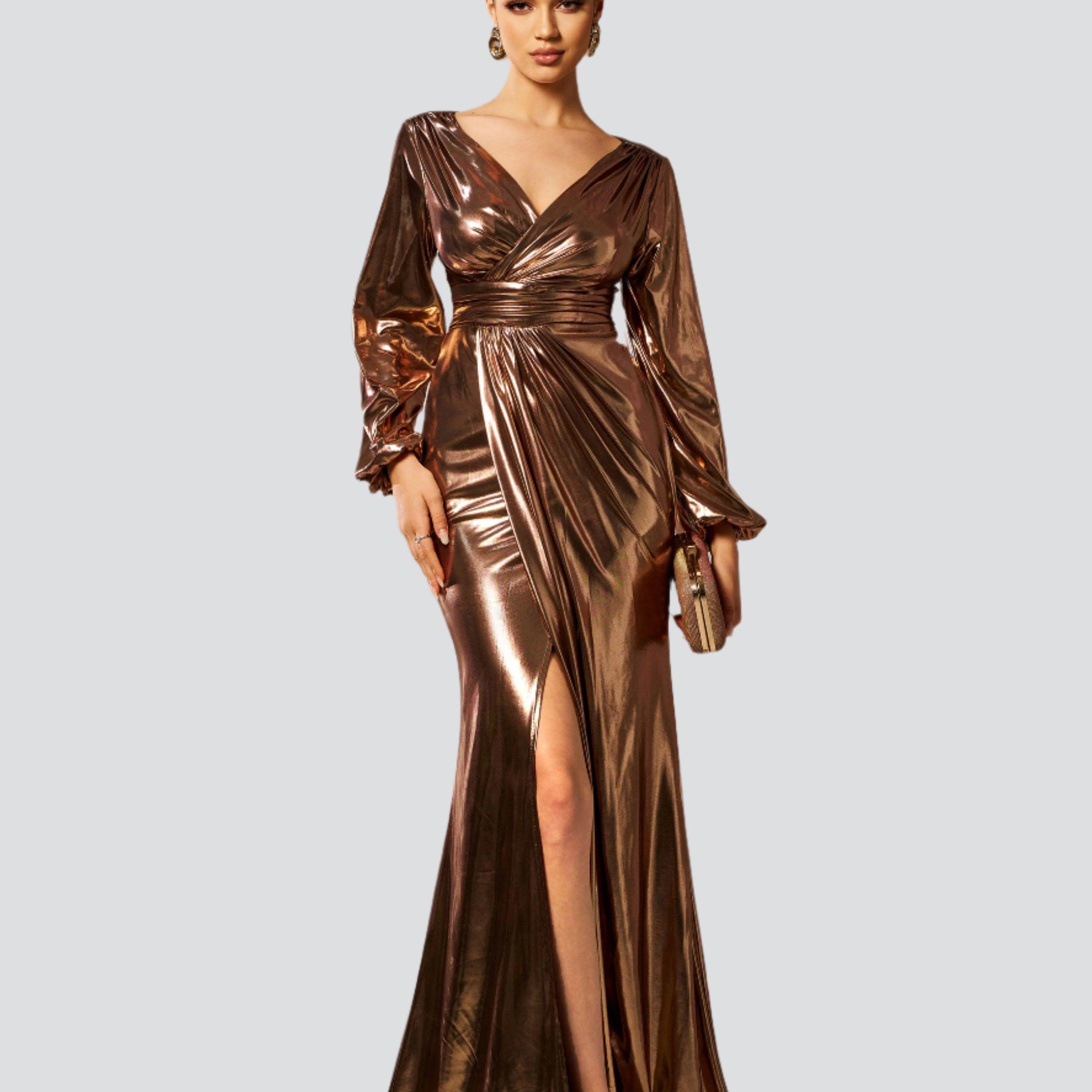 Wrap Long Sleeve Metallic Prom Dress RJ12035 - Brown / S Wrap Long Sleeve Metallic Prom Dress RJ12035 - Brown / S