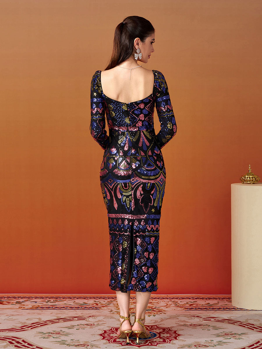 Square Neck Long Sleeve Split Sequin Dress RM20830 - MISS ORD