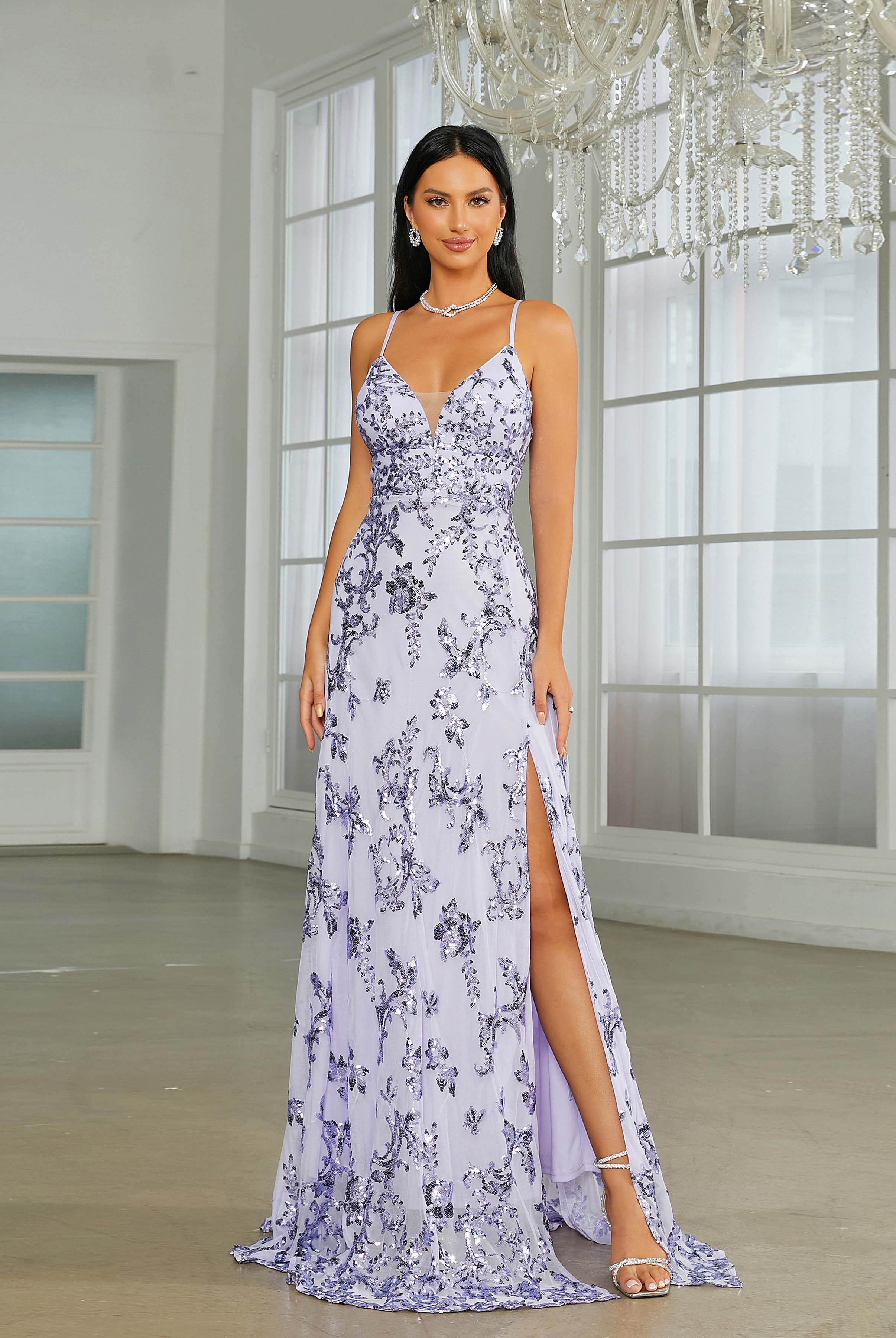 Sleeveless Deep V-Neck Floral Sequin Prom Dress RA60020