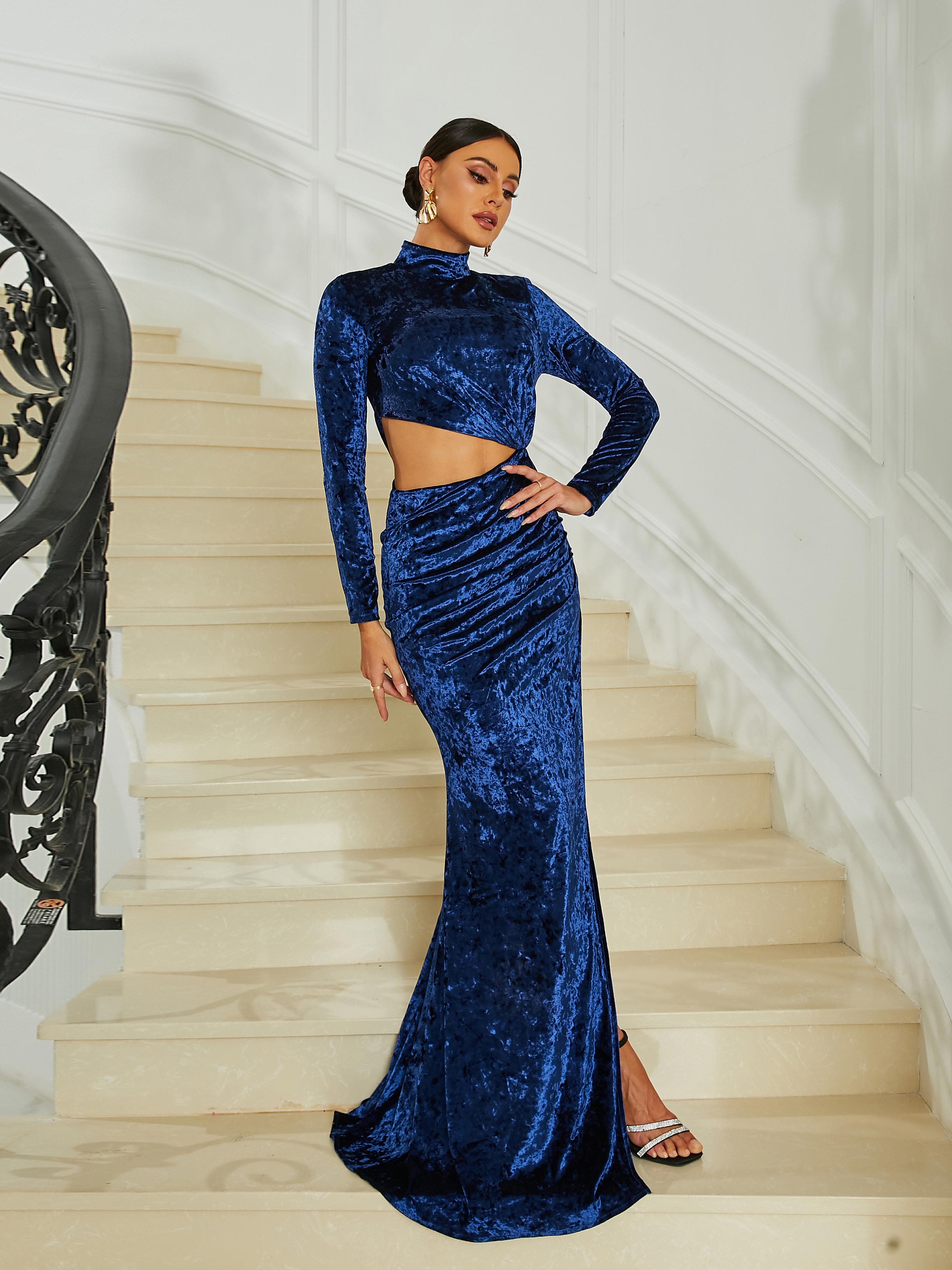 Stand Collar Cutout Blue Velvet Prom Dress RH30675