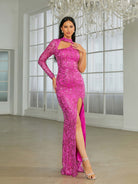 Asymmetric Cutout High Split Sequin Rose Red Prom Dress RA60036