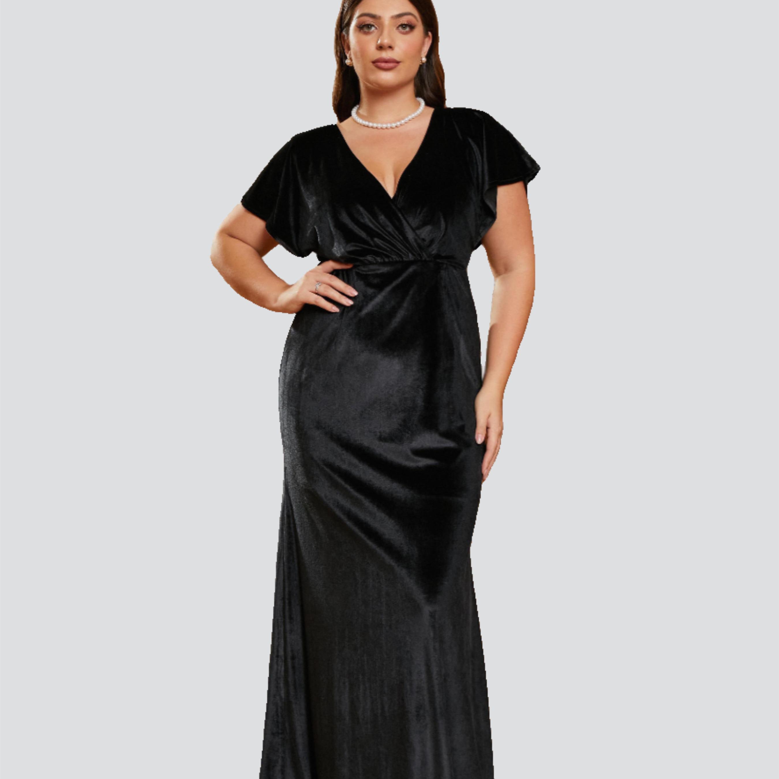 Plus Size V-neck Mermaid Black Velvet Evening Dress