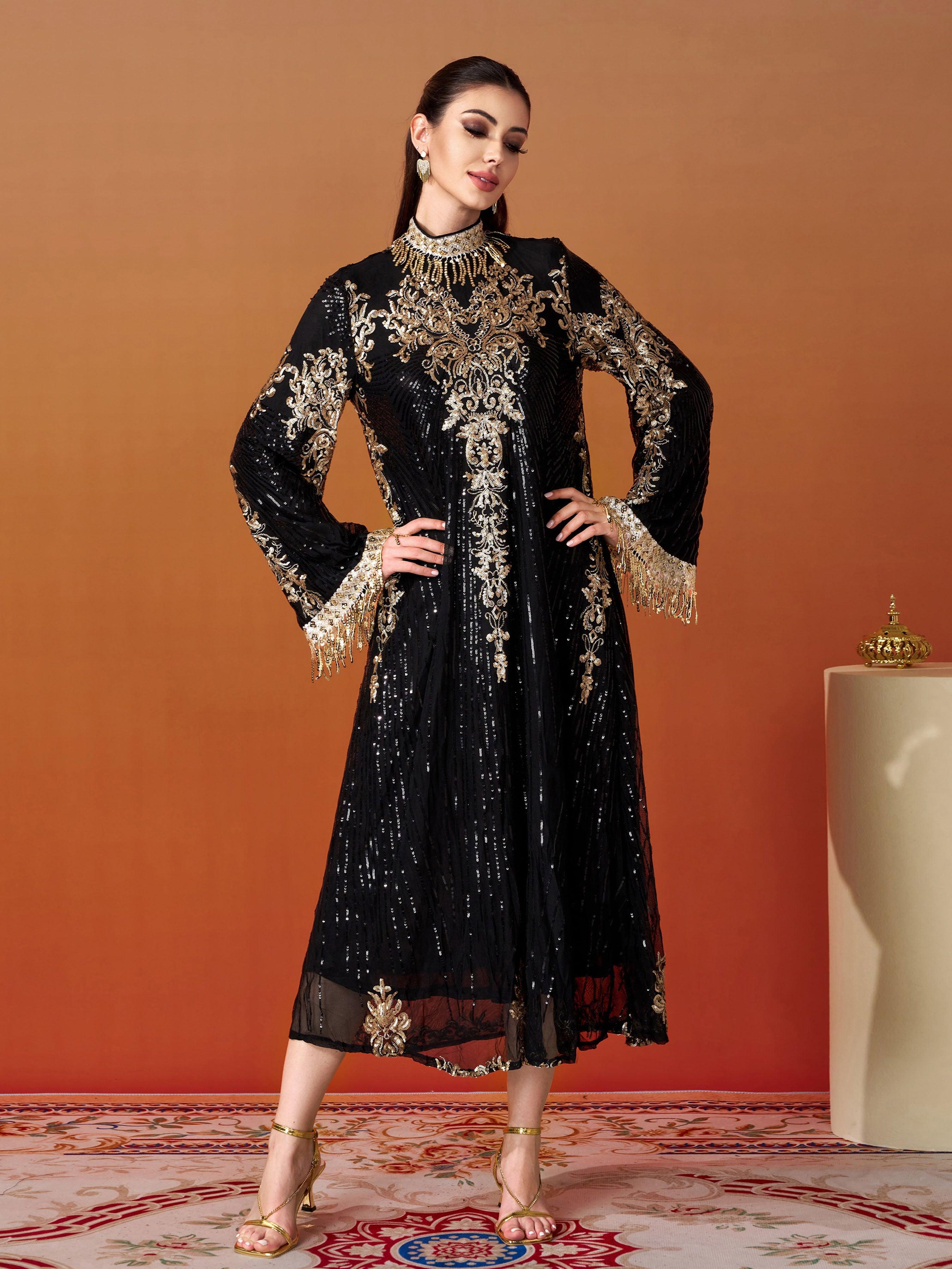 Stand Collar Bell Sleeve Sequin Dress MES00344 - MISS ORD