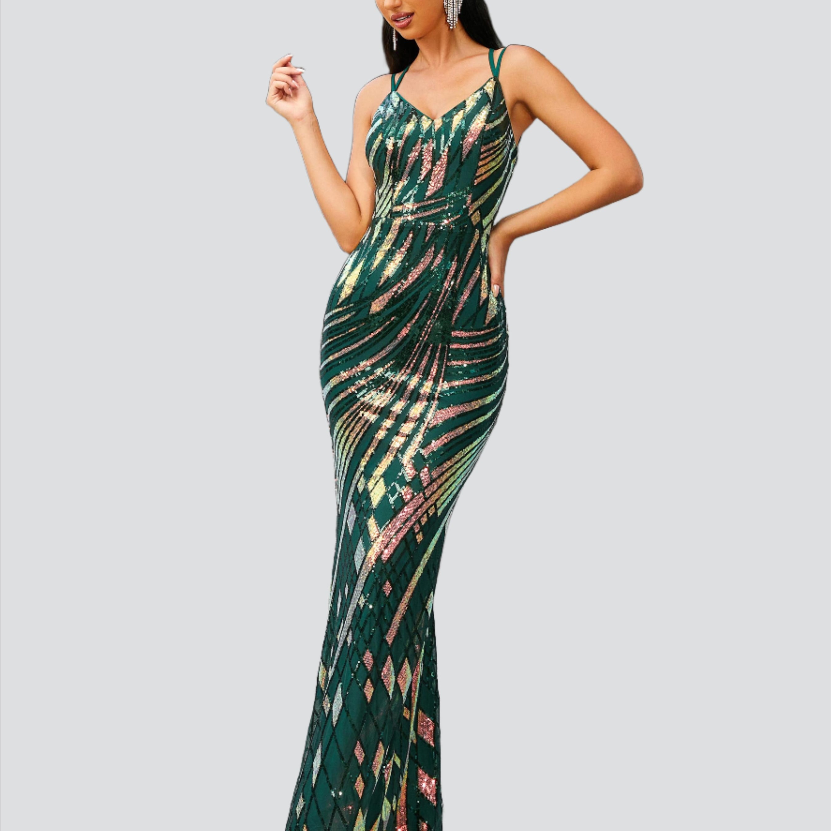 Spaghetti V-Neck Sleeveless Green Dress RH30653