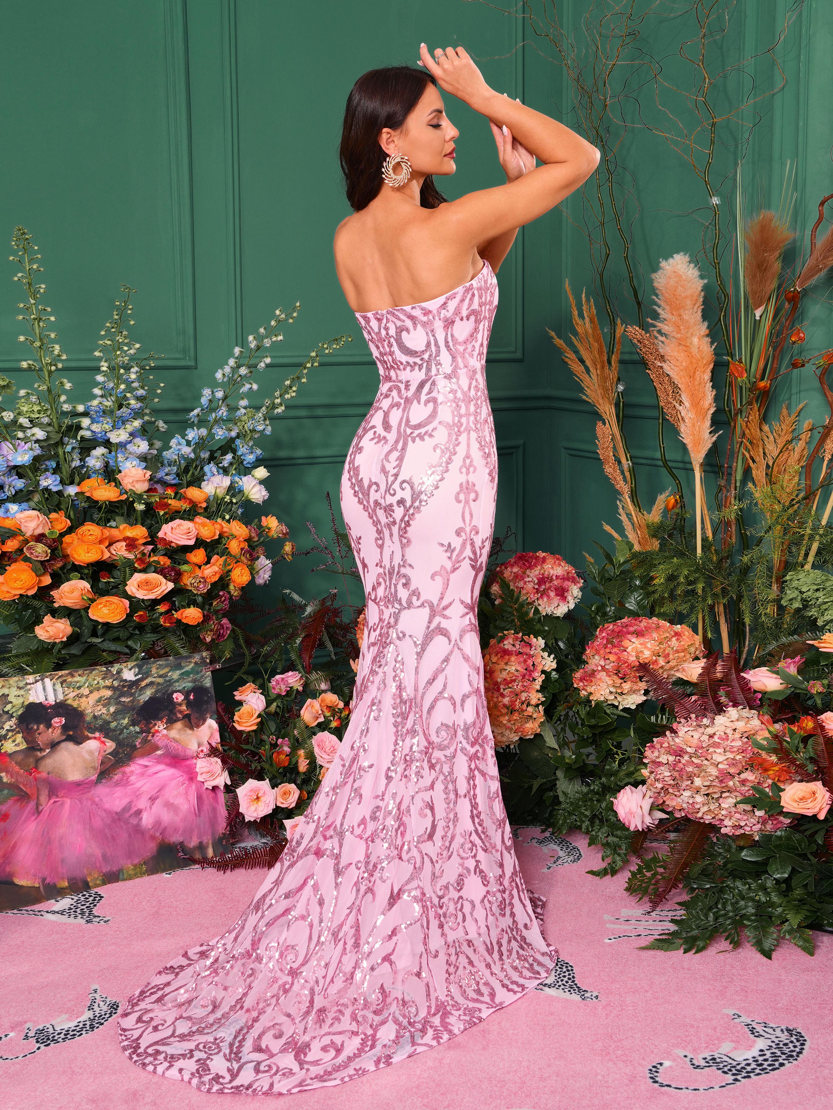 Formal Strapless Sequin Pink Prom Dress XH1342