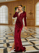 High Split Long Sleeve Wine Velvet Evening Dress