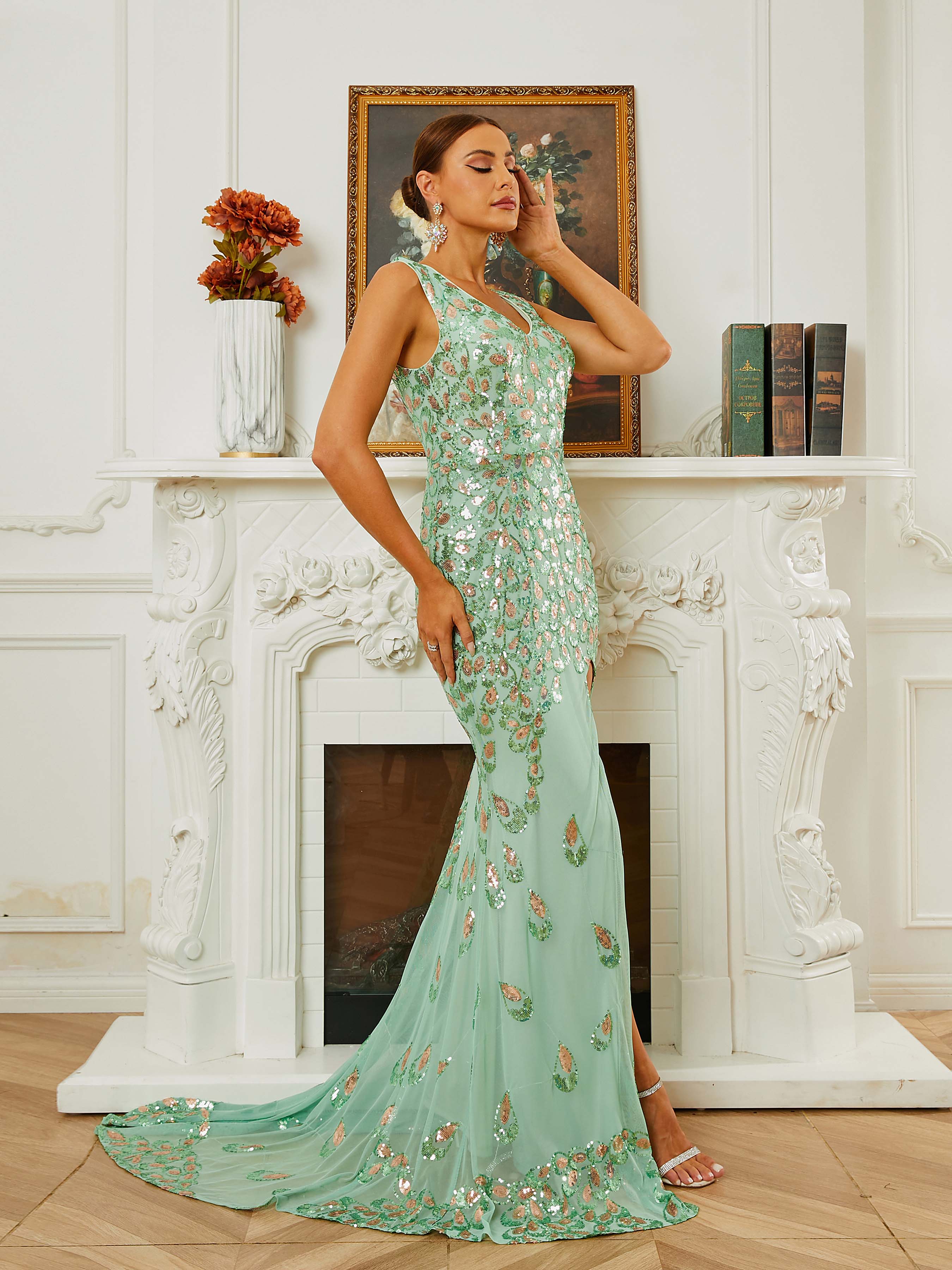 Formal High Slit Sequin Green Prom Dress RM20452 MISS ORD