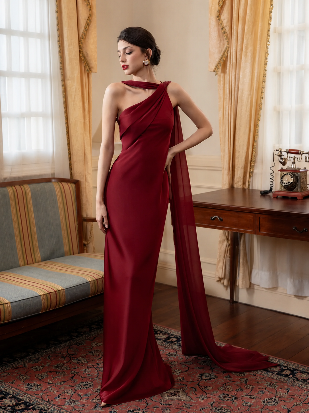 One Shoulder Draped Cape Backless Satin Evening Dress
