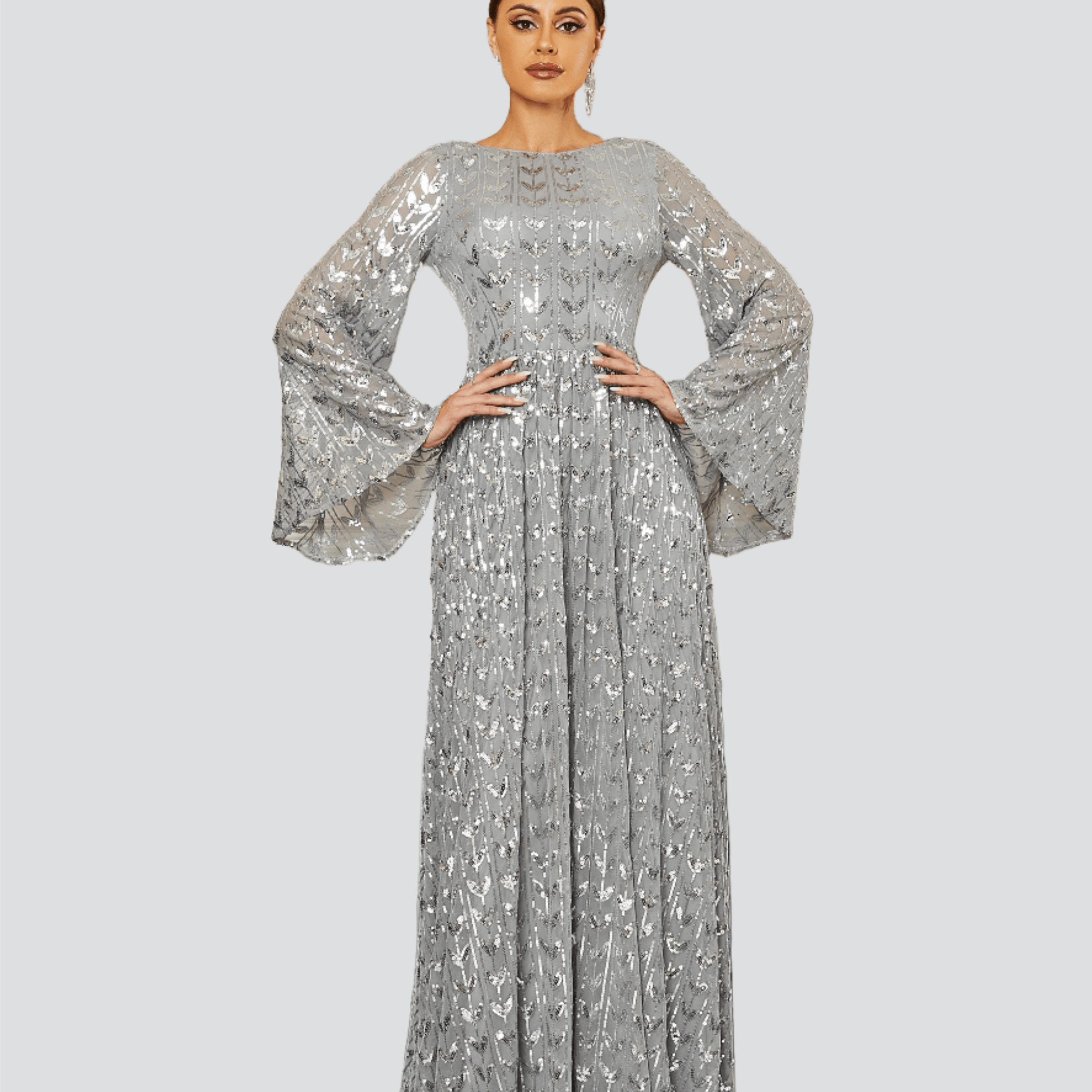 Bell Sleeve Backless Sequin Evening Dress RM20603 - Grey / S Bell Sleeve Backless Sequin Evening Dress RM20603 - Grey / S
