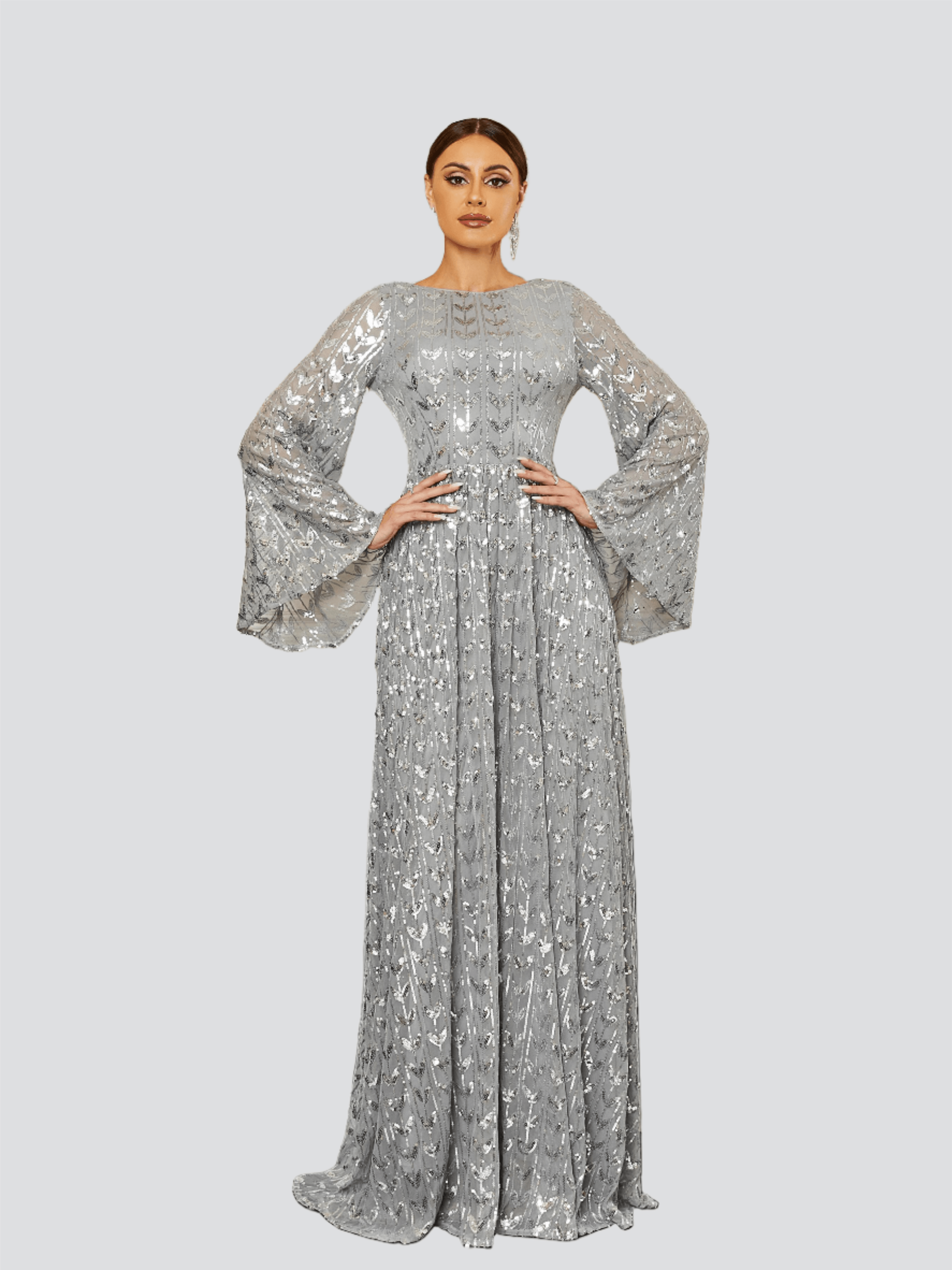 Bell Sleeve Backless Sequin Evening Dress RM20603 - Grey / S Bell Sleeve Backless Sequin Evening Dress RM20603 - Grey / S