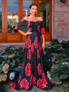 MISSORD Off Shoulder A-line Tulle Black Floral Print Dress