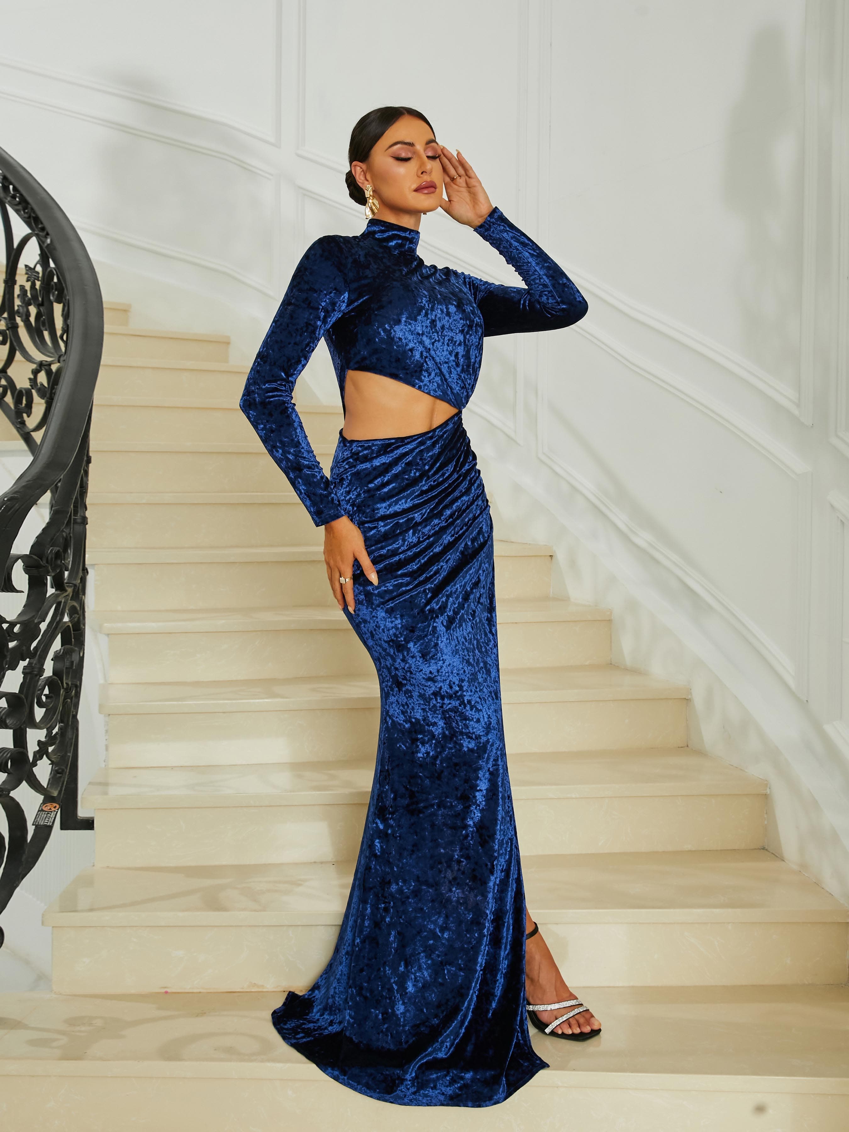 Stand Collar Cutout Blue Velvet Prom Dress RH30675 MISS ORD