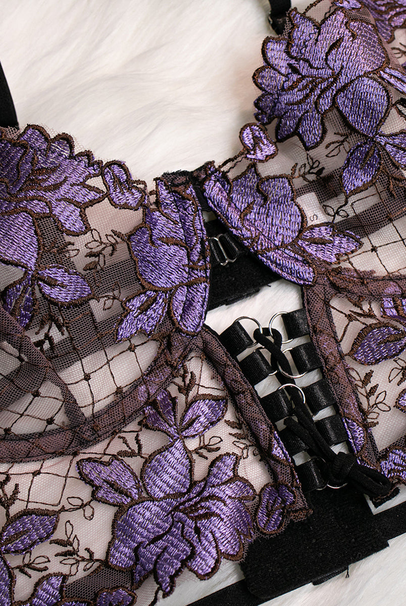 See Through Embroidered Flower Sexy Lingerie 4 Piece Set MSL026