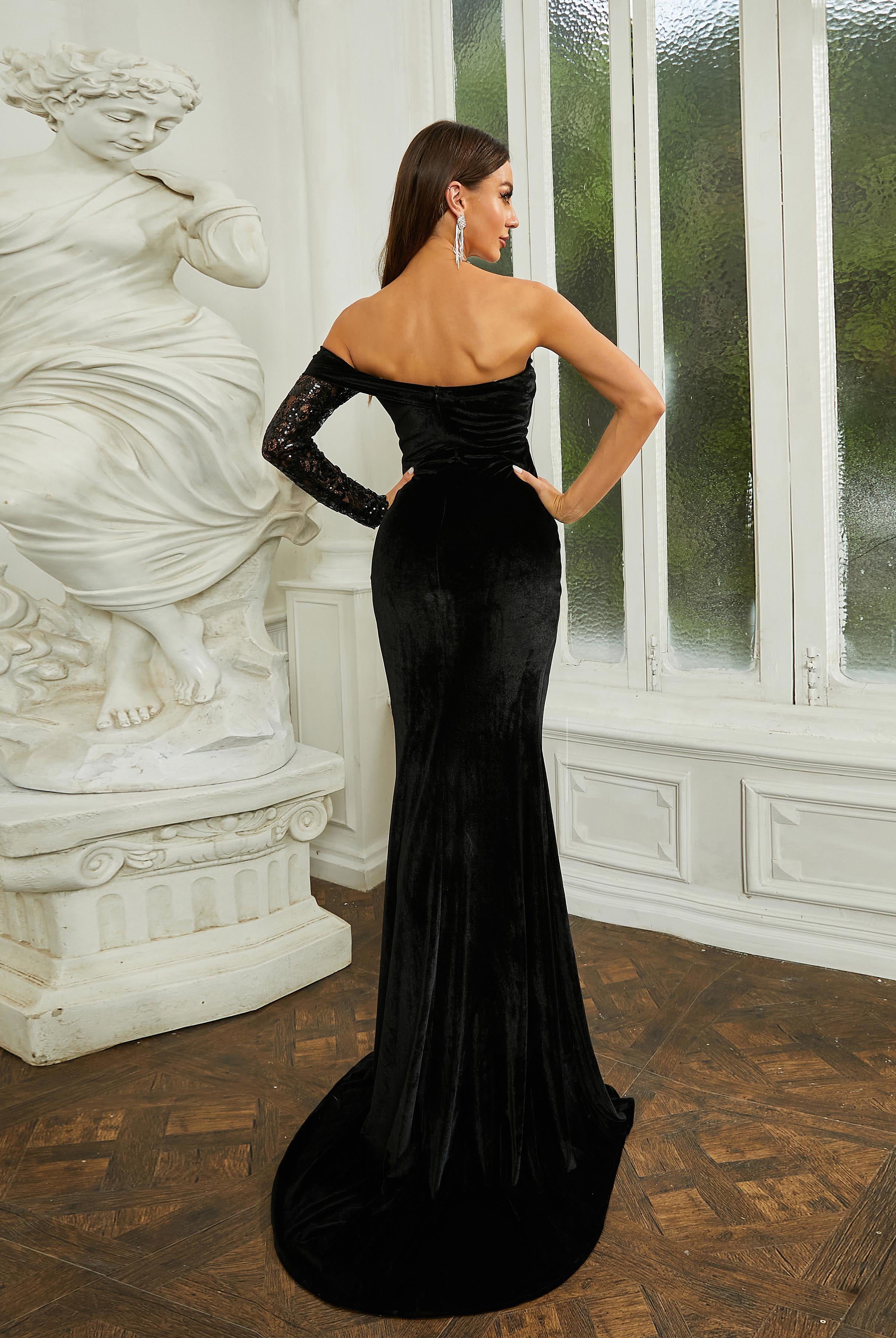 Off Shoulder High Slit Velvet Black Prom Dress RA60049