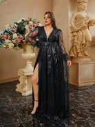 Plus Size Fringed Sequin Black Bowknot Prom Dress