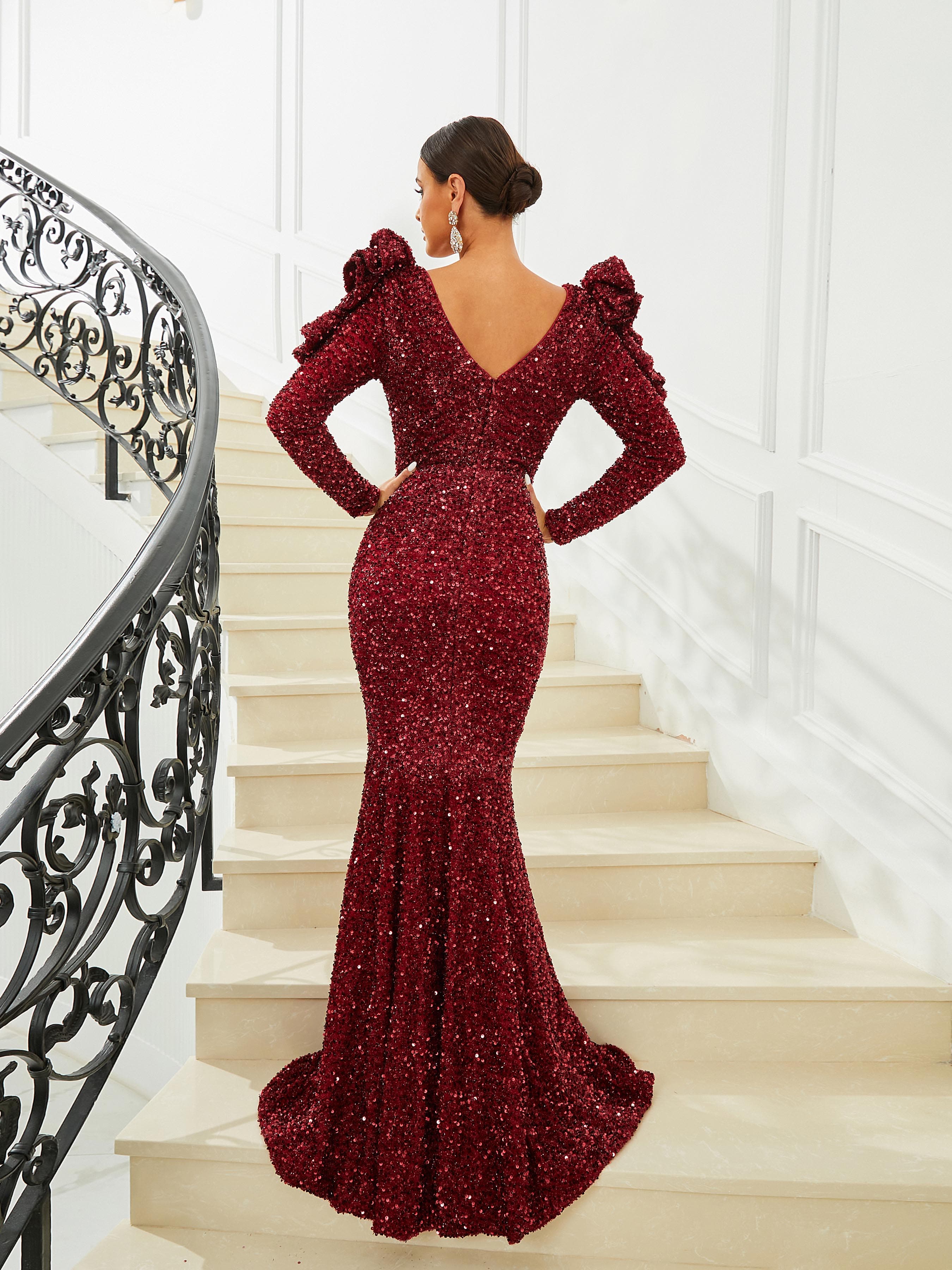 V-Neck Ruffle Red Sequin Maxi Evening Dress