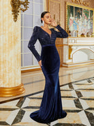 Mermaid Long Sleeve Panel Velvet Blue Evening Dress M02318