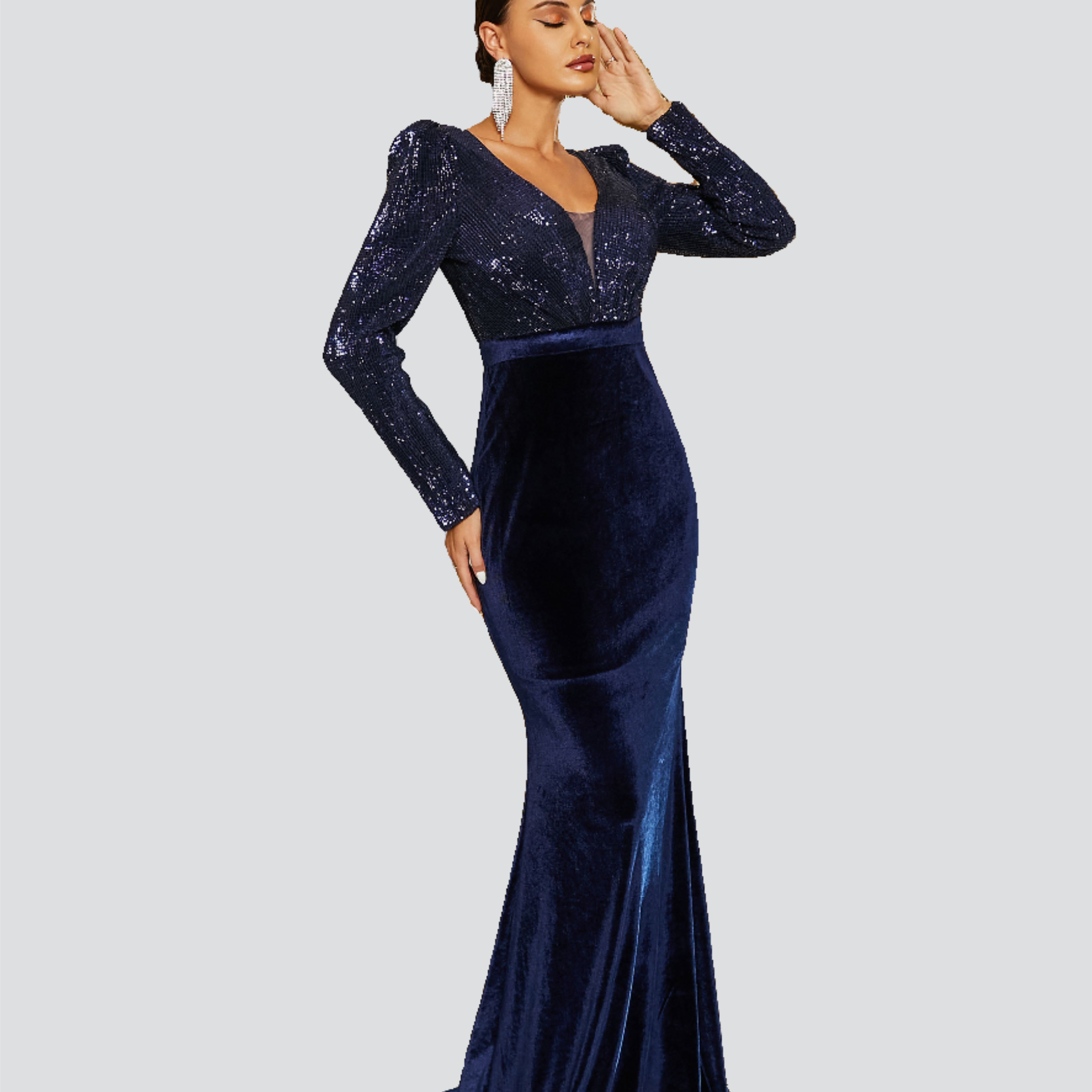 Mermaid Long Sleeve Velvet Blue Evening Dress M02318