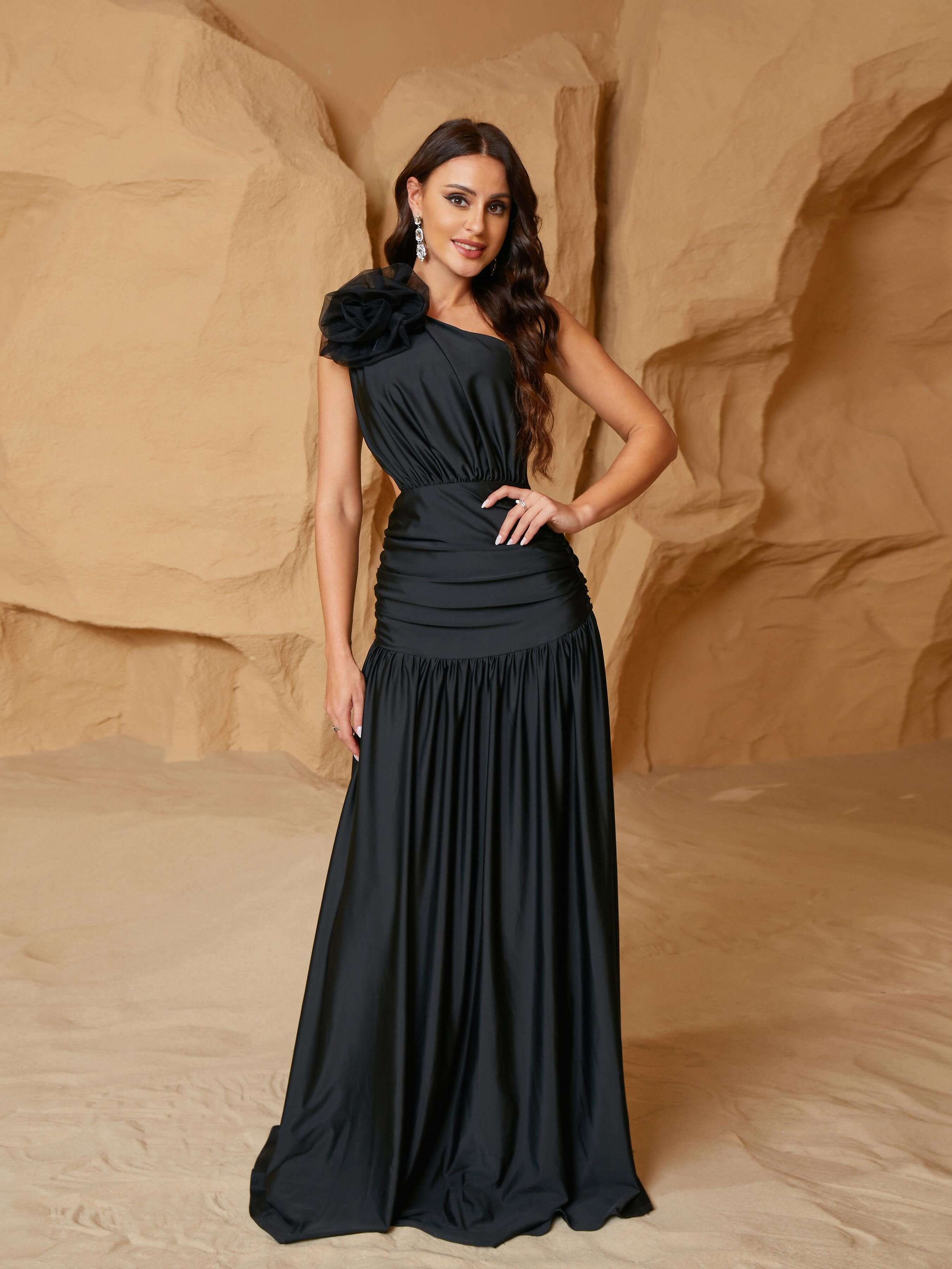 MISSORD One Shoulder Appliqued Pleated Cutout Prom Dress