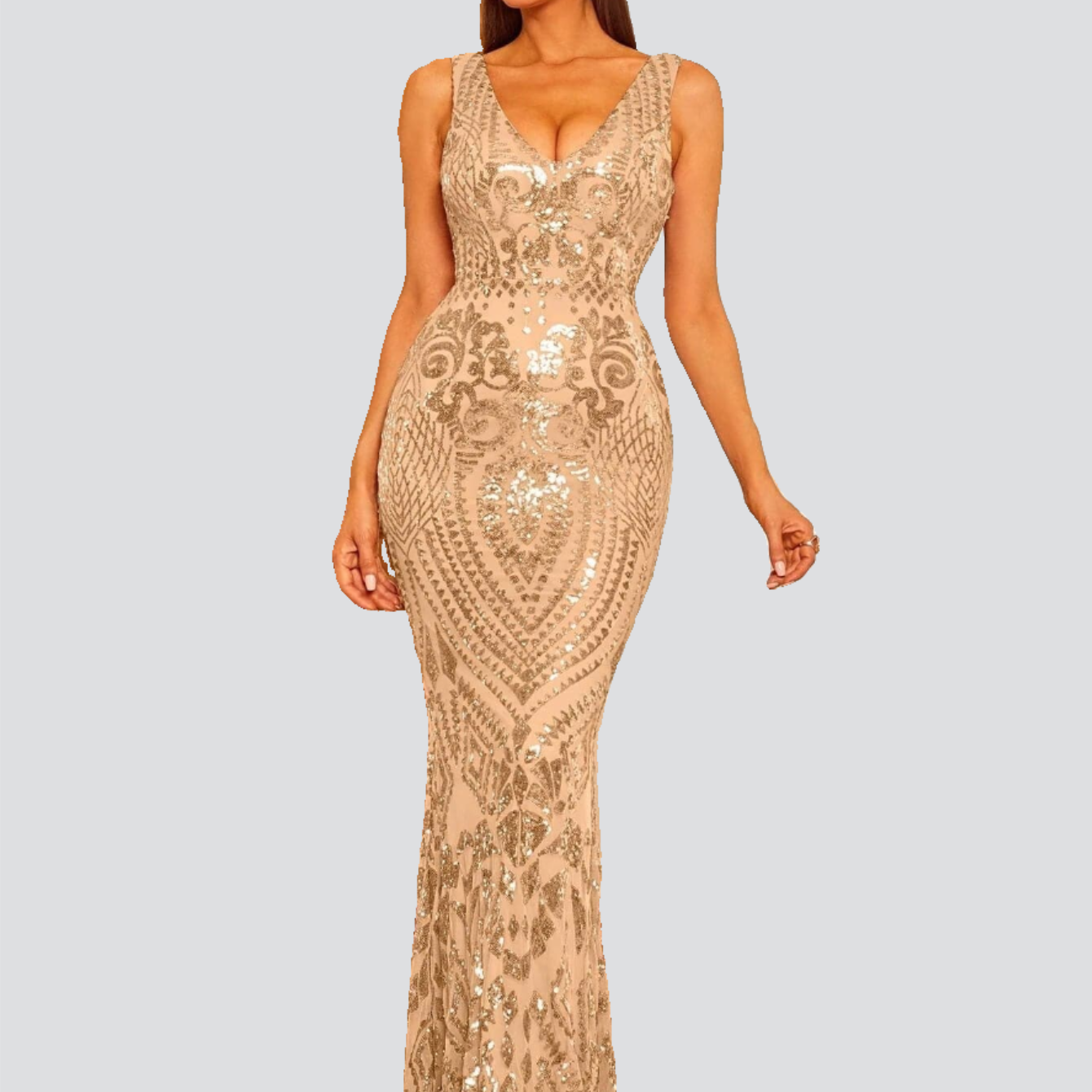 V Neck Sequin Gold Maxi Prom Dress FT18726