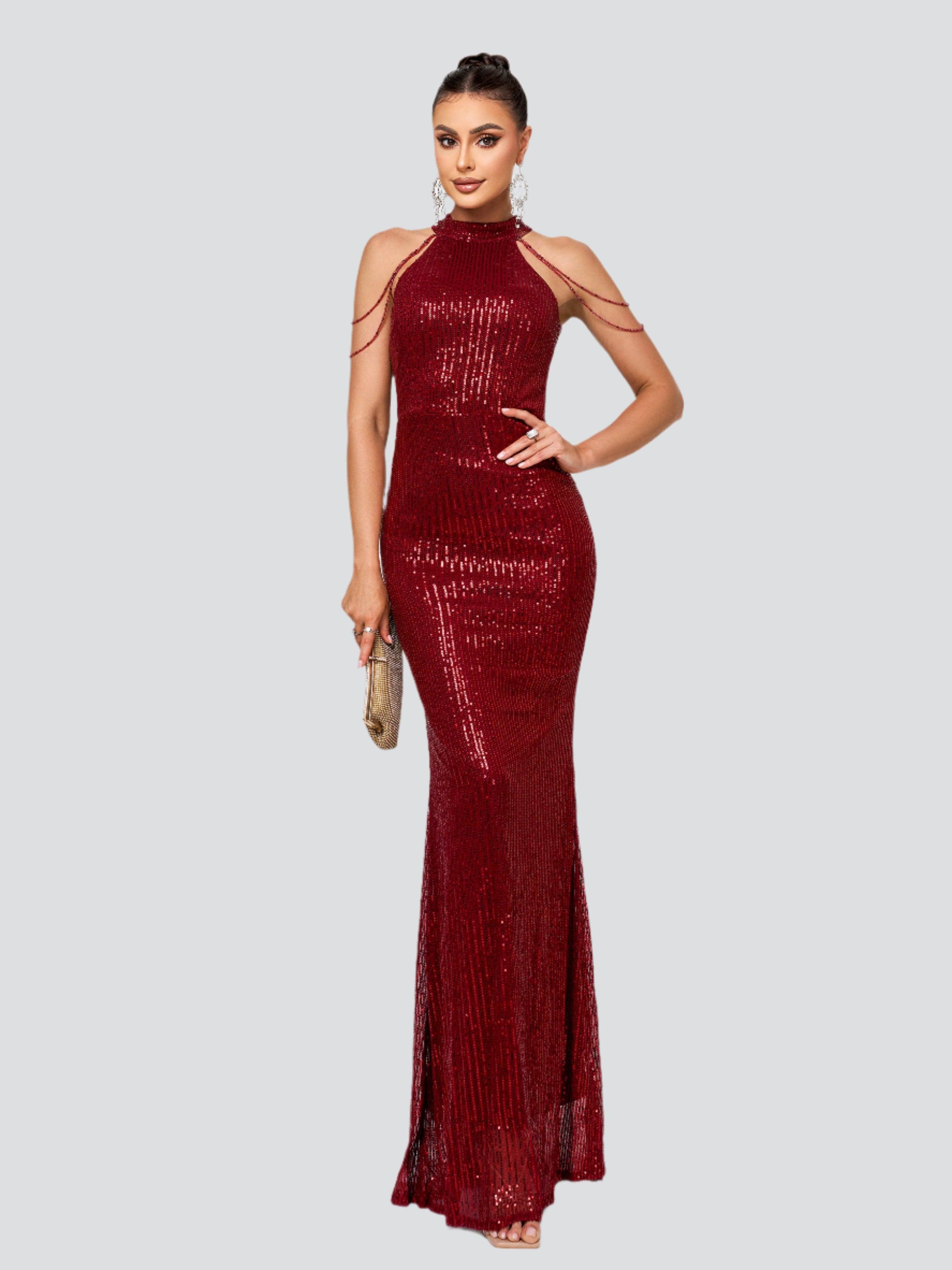 Formal Halter Neck Sequin Prom Dress RJP1081 - Wine / XL Formal Halter Neck Sequin Prom Dress RJP1081 - Wine / XL