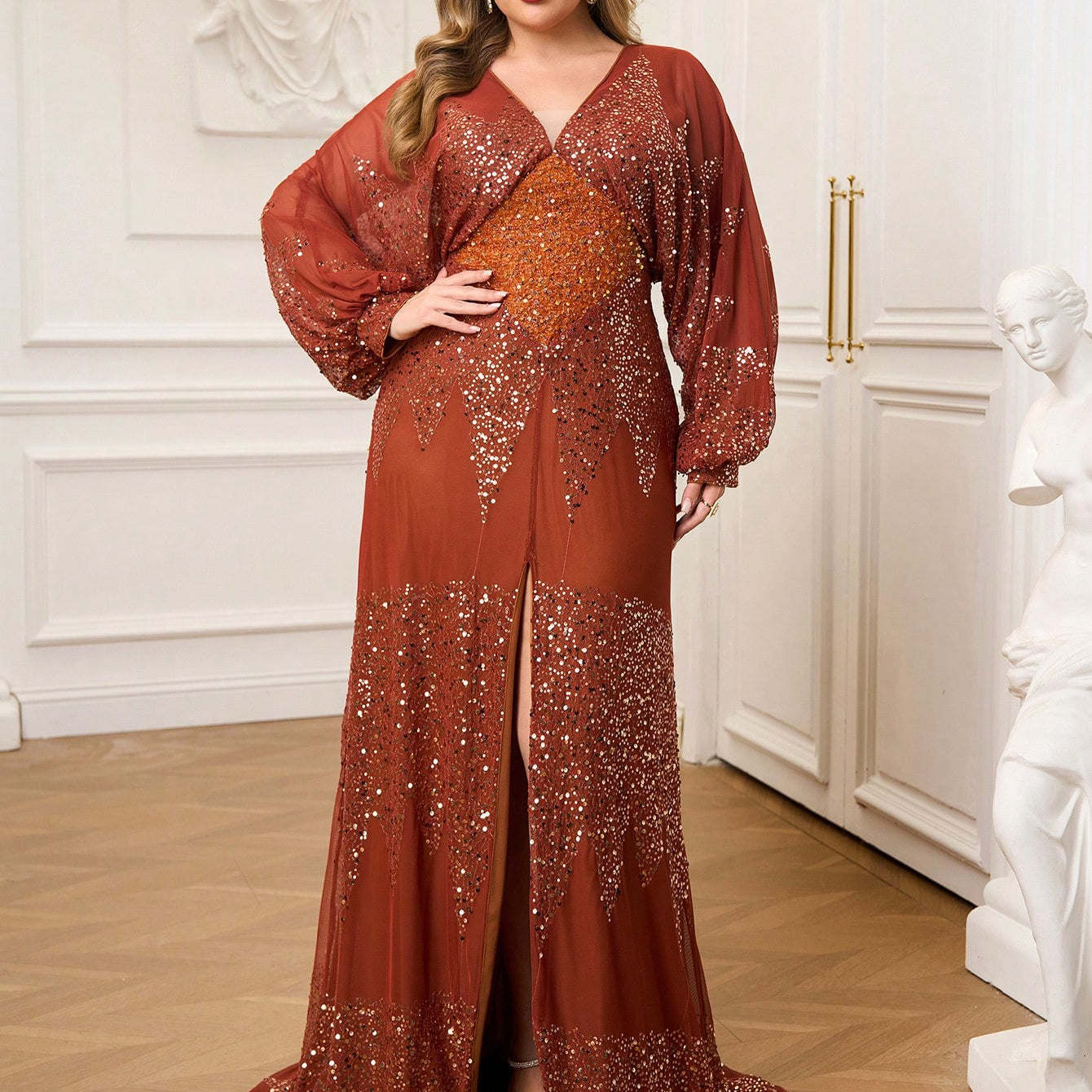 Plus Size Graphic Sequin A-line Prom Dress PRM21107 - Black / 1XL Plus Size Graphic Sequin A-line Prom Dress PRM21107 - Black / 1XL