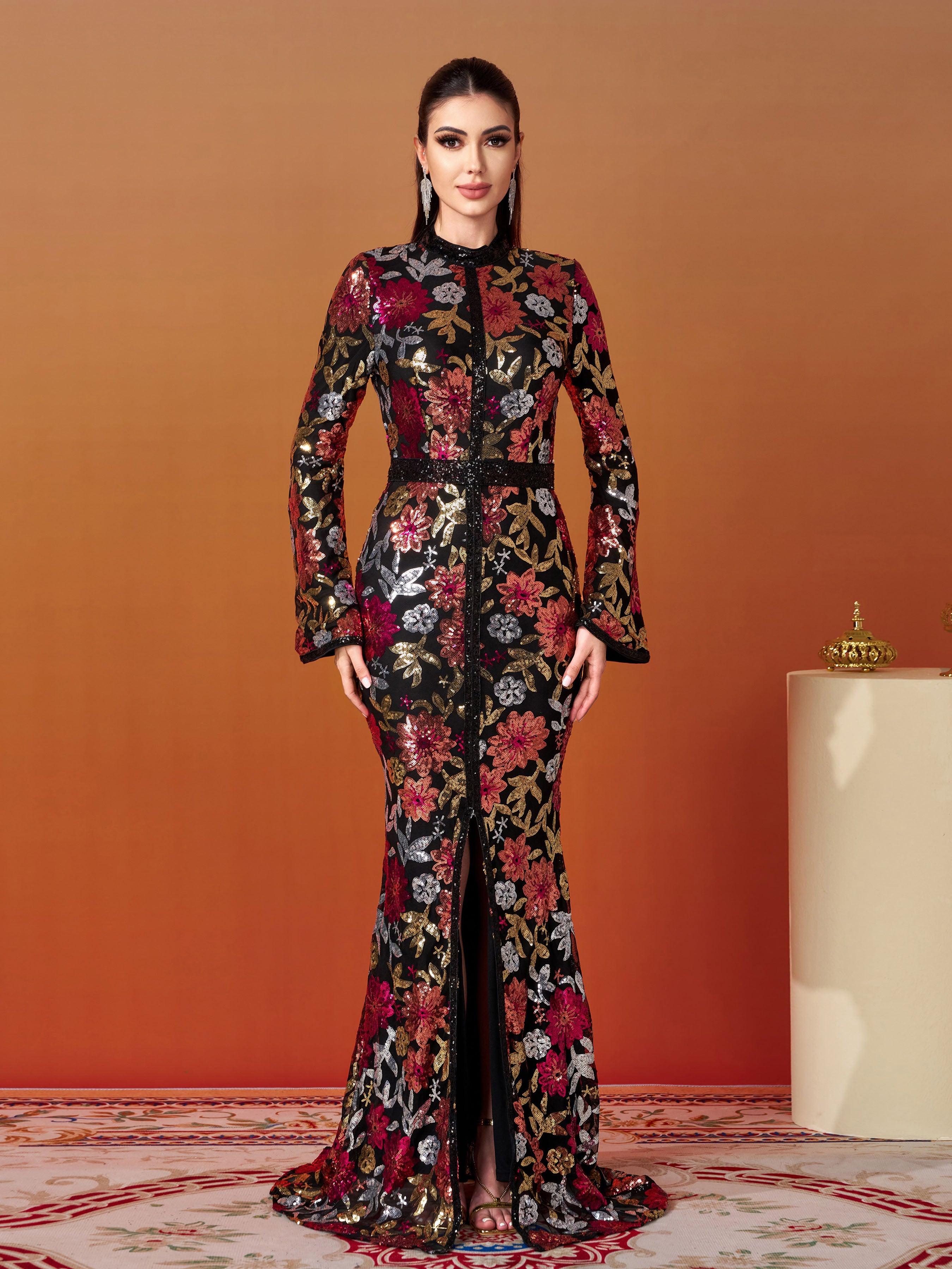 Vintage Floral Sequin Split Formal Dress GM00387 - MISS ORD