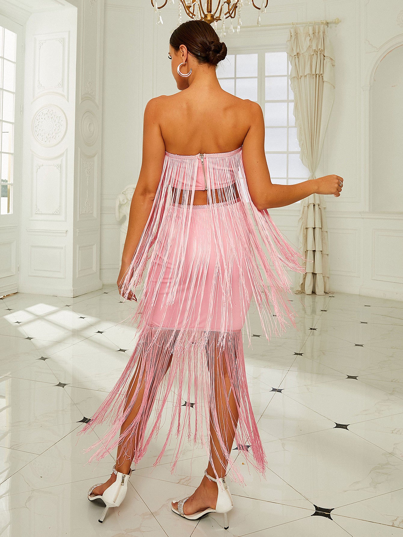 Strapless Tiered Tassel Pink Two Piece Party Dress RJ10619