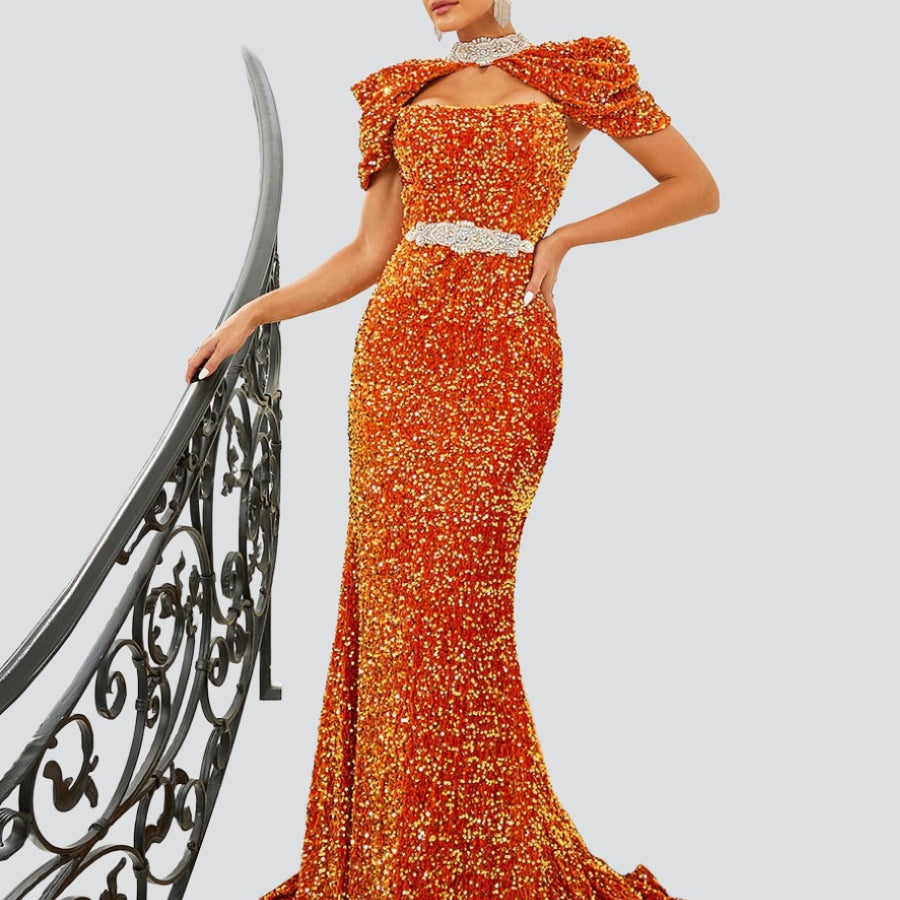 Formal Diamond Stand Collar Floor Length Evening Dress RM20652